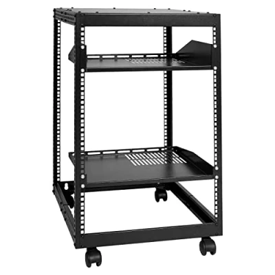 Image of VEVOR 15U Open Frame Server Rack, 15&#039;&#039; 40&#039;&#039; Adjustable Depth, Free Standing or Wall Mount Network 4 Post AV Rack with Casters, Holds All Your Networking IT Equipment Gear Router Modem
