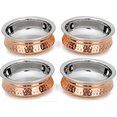Image of Zap Impex Copper Tableware Serving Bowl Indian Serve Ware Handi Set Tureen Stainless Steel Dishes (13 cm) of 4