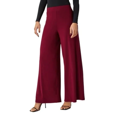 Image of Roman Originals Wide Leg Trousers for Women UK Ladies Palazzo Pants Evening Jersey Elasticated High Waist Smart Flared Culotte Office Work Going Out Loose Crepe Bottoms Wine Size 20