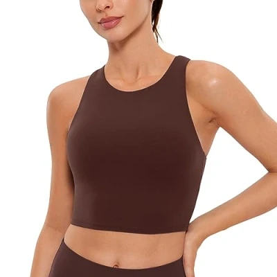 Image of CRZ YOGA Women&#039;s Butterluxe Racer Back Padded Sports Bra High Neck Longline Crop Top Gym Workout Tank Tops with Built in Taupe 16