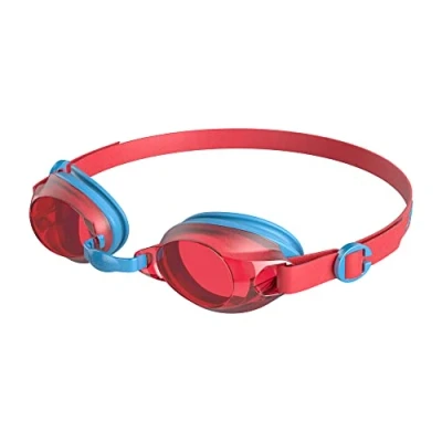 Image of Speedo Junior Jet V2 Swimming Goggles Kids Swim Comfortable Fit Adjustable Design Anti Fog Leak Learn to Swim, Turquoise/Lava Red, One Size