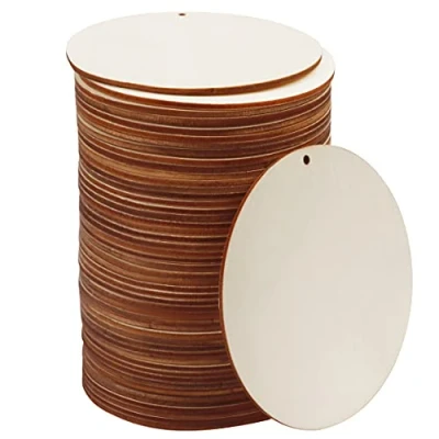 Image of Kurtzy Wooden Slices with Holes (50 Pack) Unfinished Wood Discs for Crafts Pyrography Blank Circles Crafting, Coasters and Home Décor