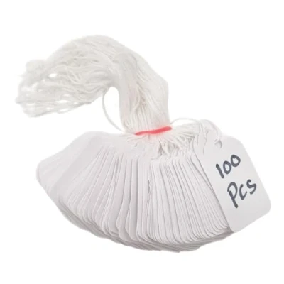 Image of Swift Strung Tags White Card Clothing Parcel Label String Hanging Gift Swing Tickets Kraft Hang Price Labelling 55mm x 37mm (Pack of 100)