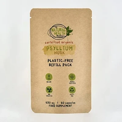 Image of Organic Psyllium Husk Capsules 650mg by The Natural Health Market (60 Capsule Pouch) High Soluble Fibre Supplement Prebiotic Plastic Free Vegan