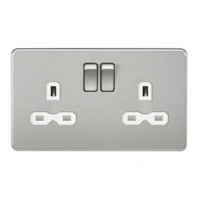 Image of KnightsBridge 2G DP 13A Screwless Brushed Chrome 230V UK 3 Pin Switched Electric Wall Socket White Insert