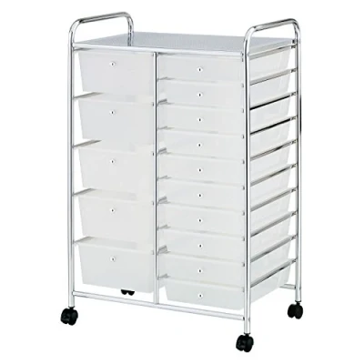 Image of LIVHOME 15 Drawer Storage Trolley with Lockable Wheels, Free Standing Metal Frame Plastic Drawers Unit, Multi Purpose Rolling Cart for Crafts, Makeup, Office, and Bathroom Organization (White)