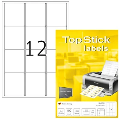 Image of TopStick Self Adhesive Multipurpose Labels, 12 Labels per A4 Sheet, 100 Sheets, 63.5 x 72 mm, 1200 Blank Universal Stickers, Sticky for Laser &amp; Inkjet Printer, White