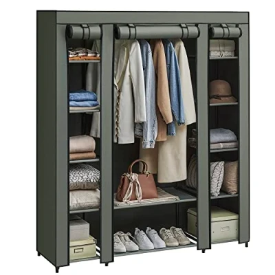 Image of SONGMICS Fabric Wardrobe, Portable Wardrobe for Bedroom, Clothes Rail with Non Woven Cover, Storage Organiser, 45 x 150 175 cm, 12 Compartments, Metal Frame, Sage Green LSF003C02