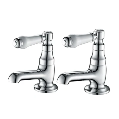 Image of Hapilife Basin Pillar Taps Pair Mixers Victorian Traditional Twin Bathroom Sink White Ceramic Lever Chrome 2 Holes Mono Hot and Cold Water G1/2’’