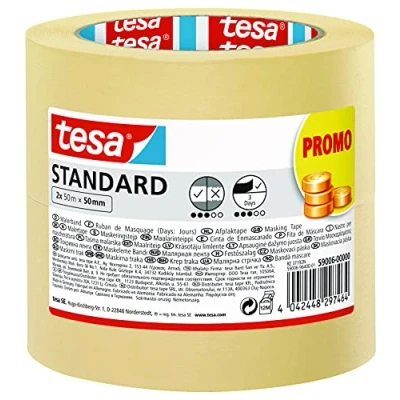 Image of tesa masking tape Standard Pack of 2 Painter&#039;s with strong adhesion for during painting work solvent free x 50 m mm