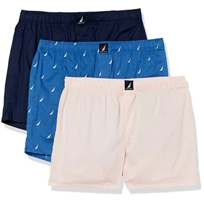 Image of Nautica Men&#039;s Cotton Woven 3 Pack Boxers Shorts, Peacoat/Oasis Pink/Sails Bolt Blue, XL