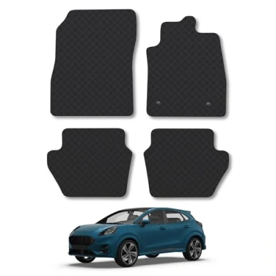 Image of Rubber Car Mats Compatible with Ford Puma (2019 ) Tailored Fit Floor Set Accessory Black Custom 4 Pieces Clips Anti Slip Backing, Heavy Duty &amp; Waterproof