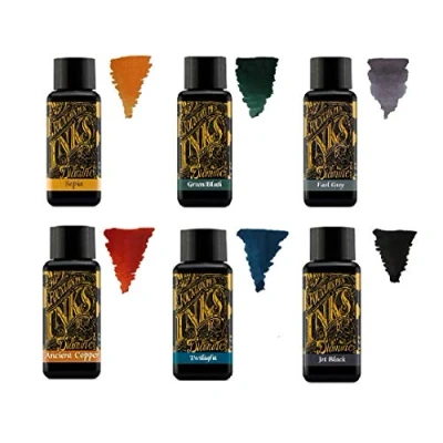 Image of Diamine Fountain Pen Ink 30 ml Base Colour 6 x Bottles Sepia, Green Black, Earl Grey, Ancient Copper, Twilight, Jet Black