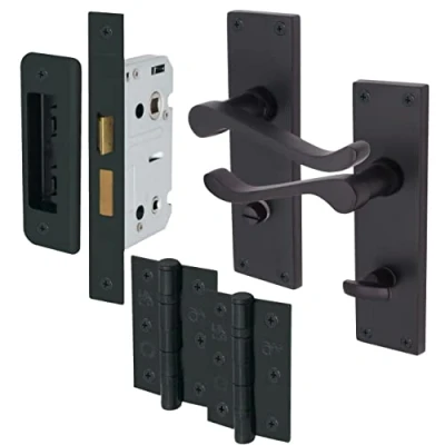 Image of EAI Black Victorian Scroll Bathroom Door Handle Set 1 Pair of Matt Internal Lever Handles on Backplate with Hinges (76mm) &amp; Lock (80mm)