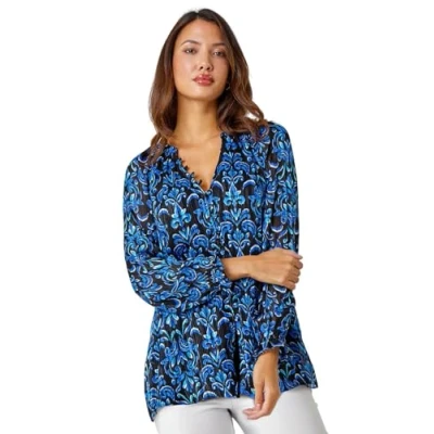 Image of Roman Metallic Print Chiffon Blouse for Women UK Ladies Autumn Everyday Winter Holiday V Neckline Comfy Long Sleeve Soft Frill Cuff Party Top Button Detail Shirts Blue Size 10