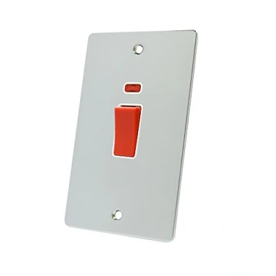 Image of Alliance Electrical FPCCSWWHT Polished Chrome Flat 45A White Insert Tall Plate 45 Amp DP Cooker Switch w/Neon Indicator 2 Gang