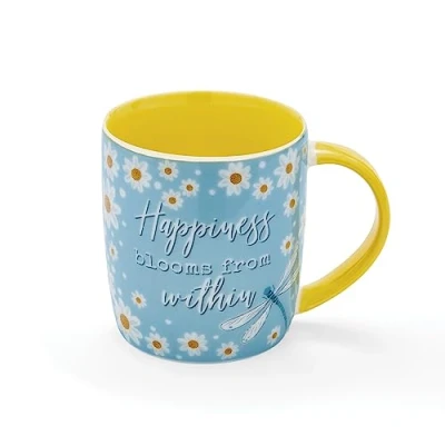 Image of Cooksmart British Designed Barrel Coffee Mug Ceramic Mugs for Home or Work Large Hot Drinks Tea and Cups Hapiness