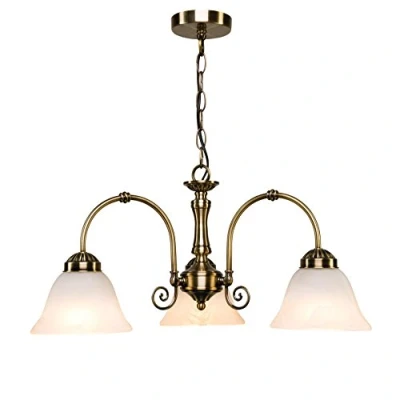 Image of Elegant Diner Ceiling 3 Light Pendant Antique Brass Alabaster Glass