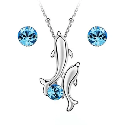 Image of Crystalline Azuria Women Girls 18ct White Gold Plated Blue Simulated Aquamarine Crystals Jewellery Set Dolphin Pendant Necklace Stud Earrings