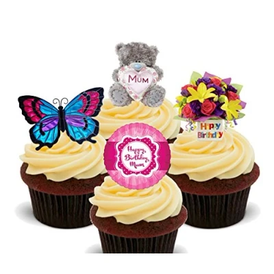 Image of Made4You Happy Birthday Mum Edible Cupcake Toppers Stand up Wafer Cake Decorations (Pack of 24)
