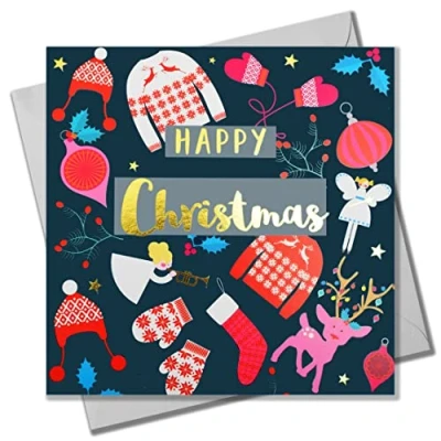 Image of Christmas Card, Jumpers &amp; Mittens, text foiled in shiny gold