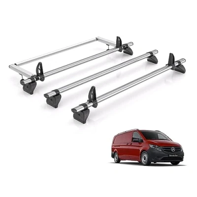 Image of Rhino Roof Rack for Mercedes Vito 2015+ [Only Fits Compact/Long Wheelbase Models] 3 Bars &amp; Rear Ladder Roller + Loadstops RA3FL/KR3/KLS2