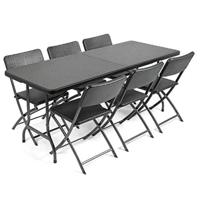 Image of CHRISTOW Garden Table and Chairs Set 6 Seater Rattan Effect Folding Patio Furniture (6ft)