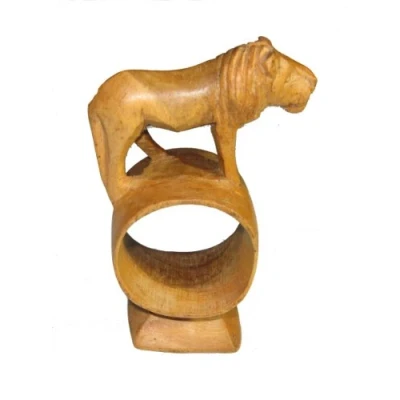Image of Olive Wood Napkin Ring Lion Design Holder Handcrafted