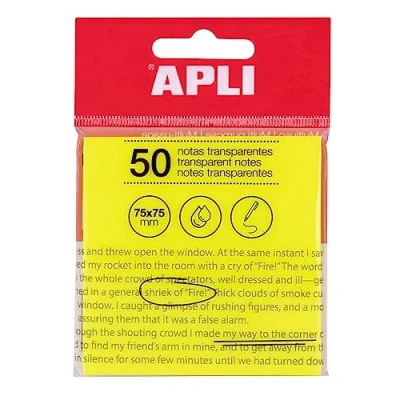 Image of APLI 19569 Transparent Sticky Notes 75 x mm Yellow 50 Translucent Water Resistant Sheets Ideal for Students and Teachers.
