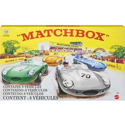 Image of Matchbox Cars, Set of 8 Die Cast Cars in 1:64 Scale with Premium Decos Including 1 Exclusive Vehicle, True Grip Tires, Platinum Tone Finish, For Collectors