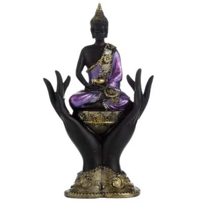 Image of Puckator Purple, Gold and Black Thai Buddha Sitting in Hands Cute Room Decor Aesthetic Feng Shui Meditation Accessories Garden Ornaments Shelf Desk Decorations Mindfulness Home Gifts Statues