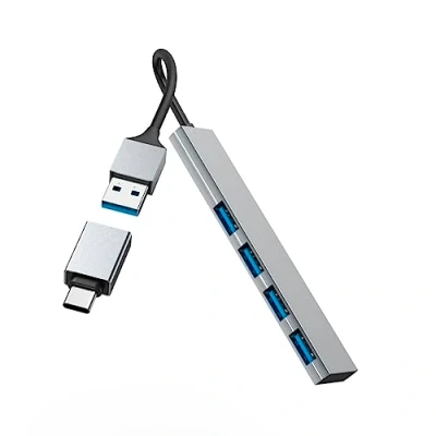 Image of Hama USB Hub 4 Ports (USB A and C connection, 4x for mouse, keyboard, external hard drive, stick, etc., aluminum housing, ultra slim, adapter office home