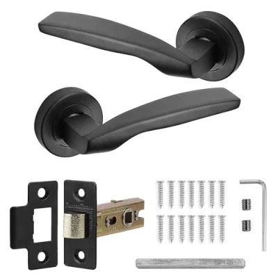 Image of Decoranddecor Solitude Matt Black Door Lever Handles On 54mm Rose Aluminium Curved Design (Latch Kit)
