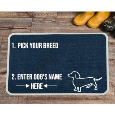 Image of Pet REBELLION Extra Large Personalised Absorbent Machine Washable Food Mat For Dogs Feeding Bowls Non Slip Reduces Movement Rounded Corners to Stay Flat (Dachshund Blue)