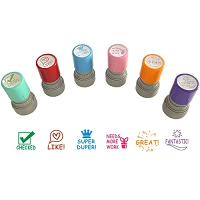 Image of WAFJAMF Pack of 6 Sorted Teacher Stamp Teachers Self Inking Rubber Stamps Review Photosensitive Colorful Behavior for Education