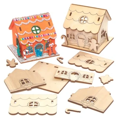 Image of Baker Ross AX364 Gingerbread House Wooden Tealight Holder Pack of 3, Candle Holder, Christmas Decorations for Kids