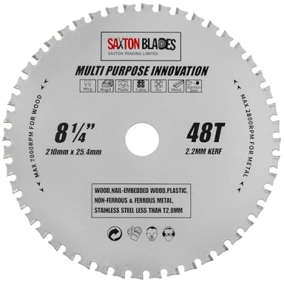 Image of TCT21048TMPT254B Saxton TCT Multi Purpose Innovation Circular Saw Blade 210mm X 48T 25.4mm Bore Wood and Metal fits Evolution