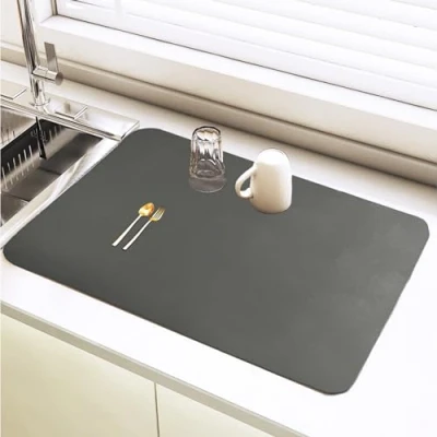 Image of SOQKEEN Kitchen Super Absorbent Draining Mat 16&quot;x12&quot; Dish Drying Non Slip Grey Coffee Machine Counter for Bar Worktop
