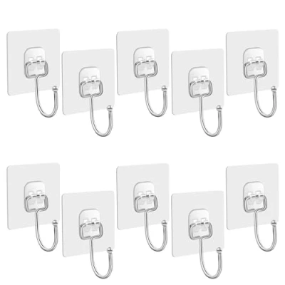Image of 10Pcs Large Self Adhesive Hooks, Strong Sticky Heavy Duty 44 lb/ 20kg (Max), Removable on Wall Hooks for Hanging, Clear Stick Free Nail Home Bathroom Kitchen and Office