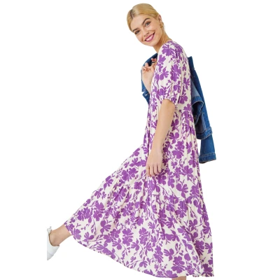 Image of Roman Originals Floral Tiered Midi Smock Dress for Women UK Ladies Everyday Holiday Spring Summer V Neckline Comfy Soft Evening Vacation Work Party Lavender Size 8