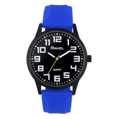 Image of Ravel Men&#039;s Black Cased Watch with Silicon Sports Strap and Highlighted Hour Markers Analogue Quartz RS003.06 Blue