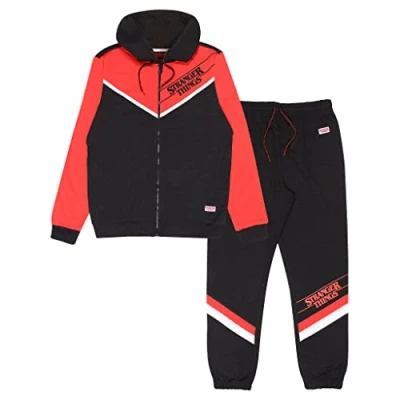 Image of Stranger Things Text Logo Breast Print Zipped Hoodie &amp; Jogging Bottoms Set, Adults, S 5XL, Red/Black, Official Merchandise