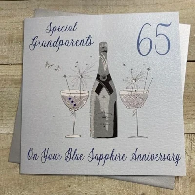 Image of WHITE COTTON CARDS GRANDPARENTS 65TH BLUE SAPPHIRE ANNIVERSARY CARD, HANDMADE (DAA65 GP)