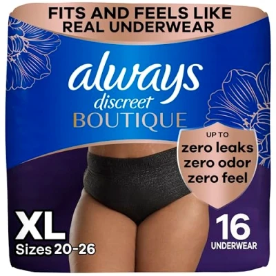 Image of Always Discreet Boutique Incontinence and Postpartum Underwear for Women, Maximum Protection, XL, Black, 16 Count