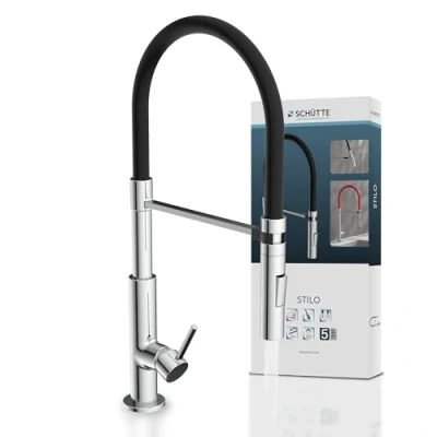 Image of SCHÜTTE Stilo 79180 Kitchen Tap with Pull Out Shower, 360 Degree Swivel for Kitchen, Sink Mixer Single Lever in Chrome/Black