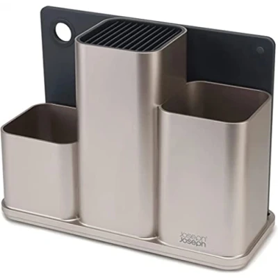 Image of Joseph Plastic 85122 Counterstore Utensil Pot &amp; Chopping Board Set Silver, 13 x 30.8 22.7 cm