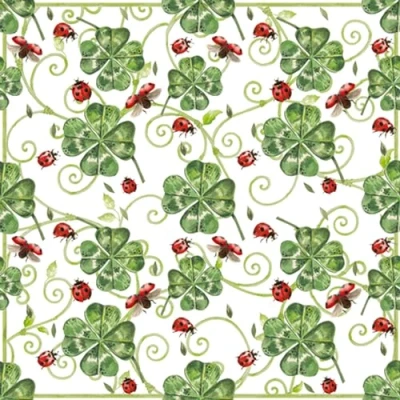 Image of 20 Napkins Ladybird Fly Around Clover Leaves Good Luck Garden New Year Table Decoration Decoupage Napkin Technology 33 x cm
