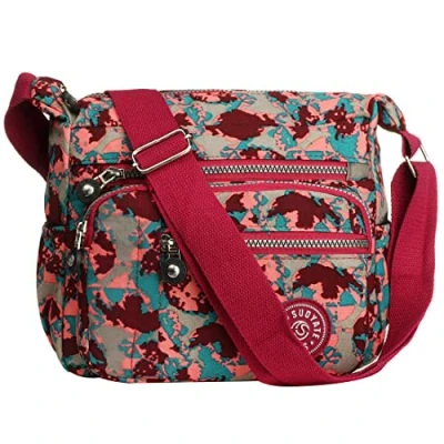 Image of Womens Multi Pocket Casual Canvas Crossbody Bag Travel Purse Messenger Handbag for Shopping Hiking Daily Use (Camo red)