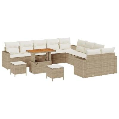 Image of vidaXL 13 Piece Garden Sofa Set with Cushions Beige Poly Rattan Acacia