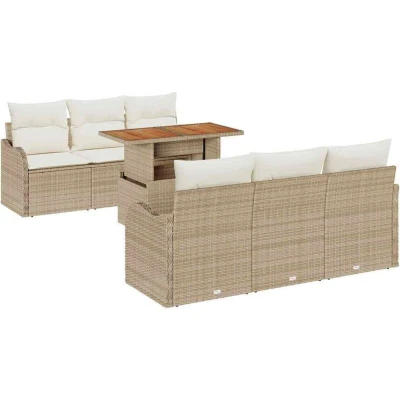 Image of vidaXL 7 Piece Garden Sofa Set with Cushions Beige Poly Rattan Acacia